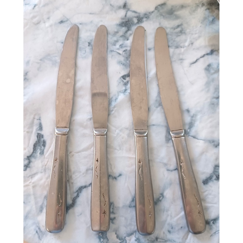 Vintage Atomic Starburst Dinner Knives Set 4 Mid Century Stainless‎ Steel Retro